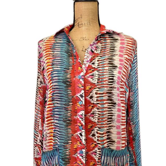 Turquoise Haven Swim Coverup Multicolor Abstract Printed Button Down Size S/M - Picture 2 of 5